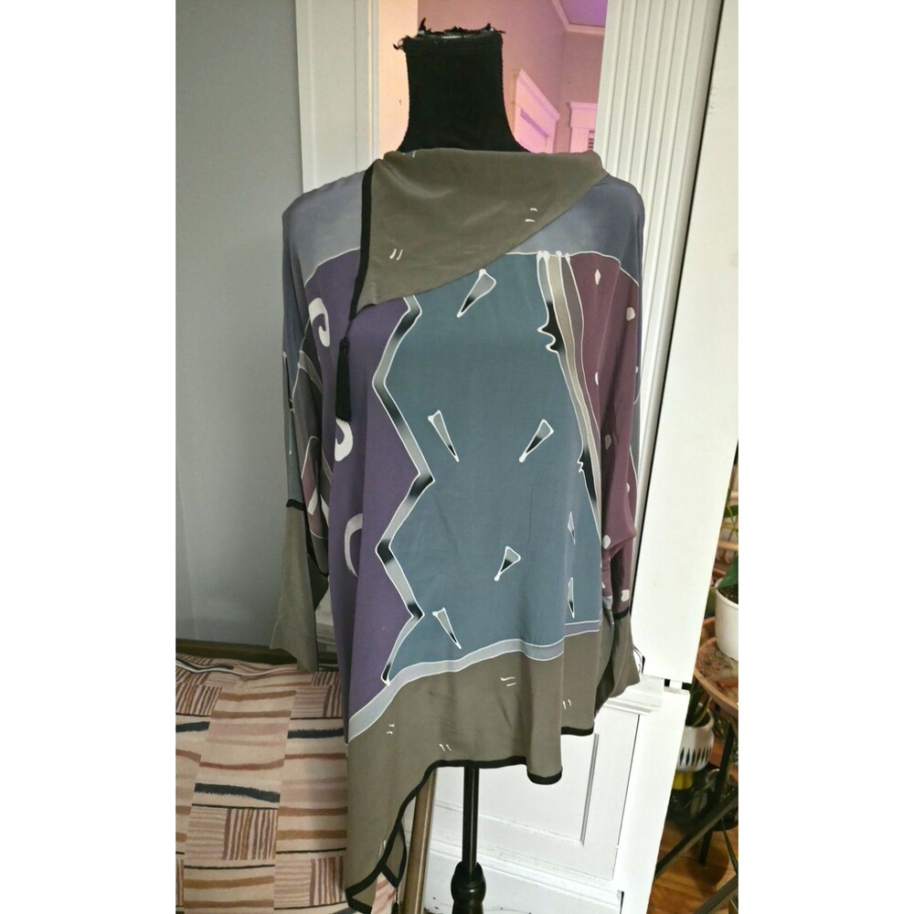 Shelvia Women’s Multicolor Abstract Silk Satin Cowl Dolman Tunic Blouse L
